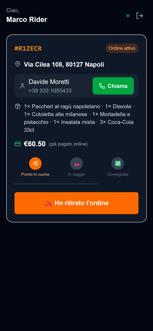 L'app del rider con la consegna attiva e il pulsante Chiama
